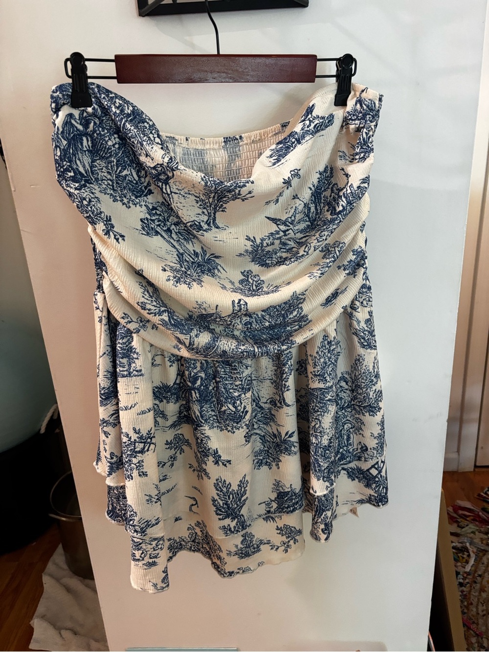 Cider Blue and Cream Printed Strapless Dress